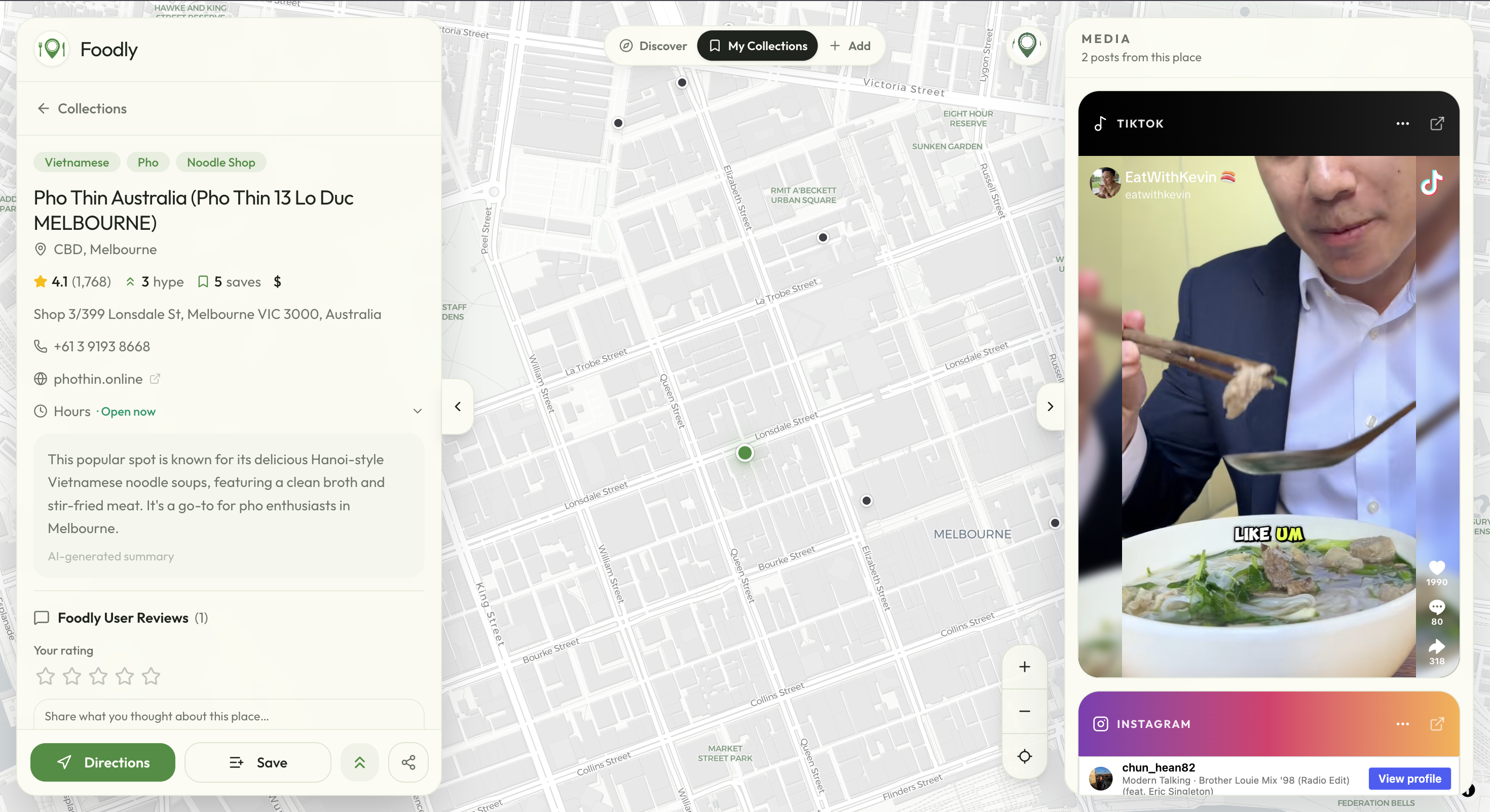 Foodly showing Pho Thin in Melbourne, its restaurant details and reviews on the left, a map in the middle, and TikTok and Instagram posts on the right.